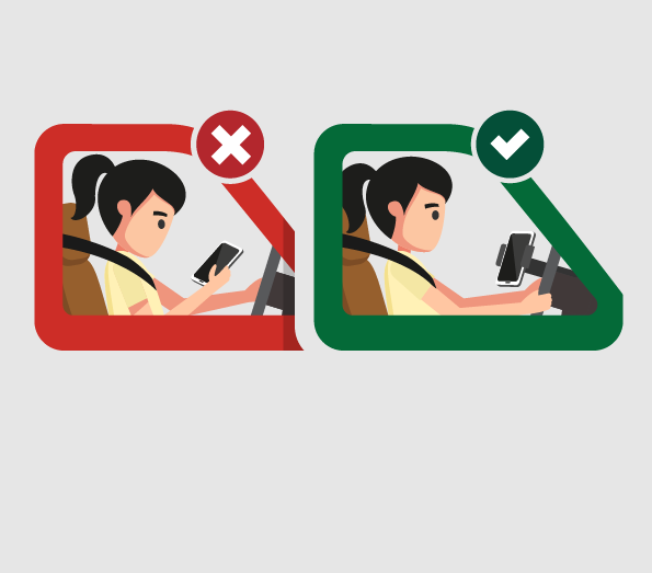Illustration showing the incorrect and correct use of a mobile phone whilst driving.