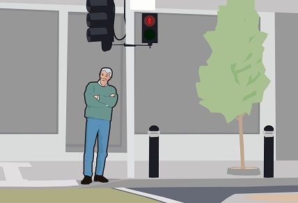 Illustration of a man waiting at a signalised pedestrian crossing