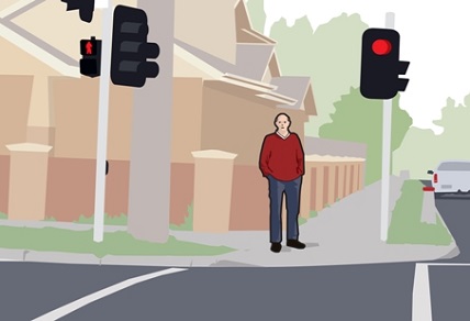Illustration of a man standing at an intersection with traffic lights