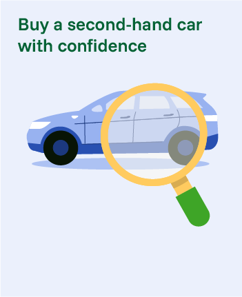 Cartoon image of a car with a magnifying glass over it